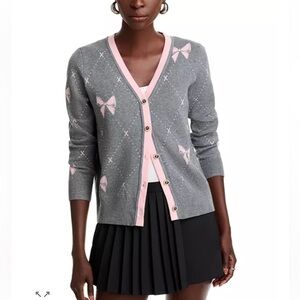 Nancy Yang Bow Print Grey Pink Preppy Cardigan Small